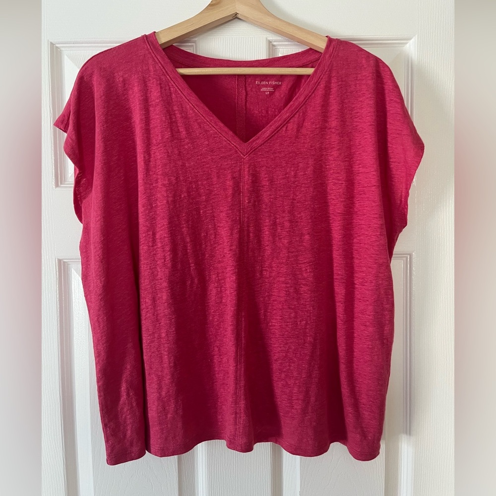 Eileen Fisher organic linen jersey v-neck tee small geranium
